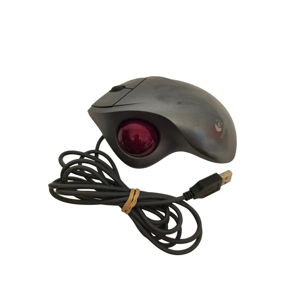 Logitech Trackman Wheel Optical Wired USB Mouse T-BB18 Red Ball Silver Black